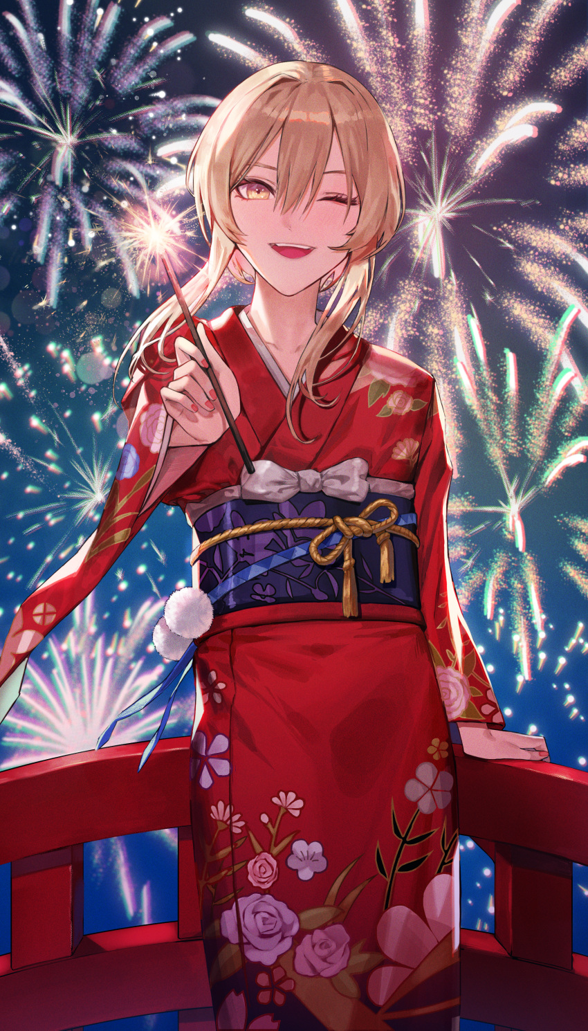 1girl, absurdres, aerial_fireworks, blonde_hair, bridge, fireworks, floral_print, genshin_impact, highres, japanese_clothes, kimono, lumine_(genshin_impact), mumu914, night, night_sky, obi, one_eye_closed, outdoors, pink_nails, red_kimono, sash, sky, sparkler, standing, yellow_eyes
