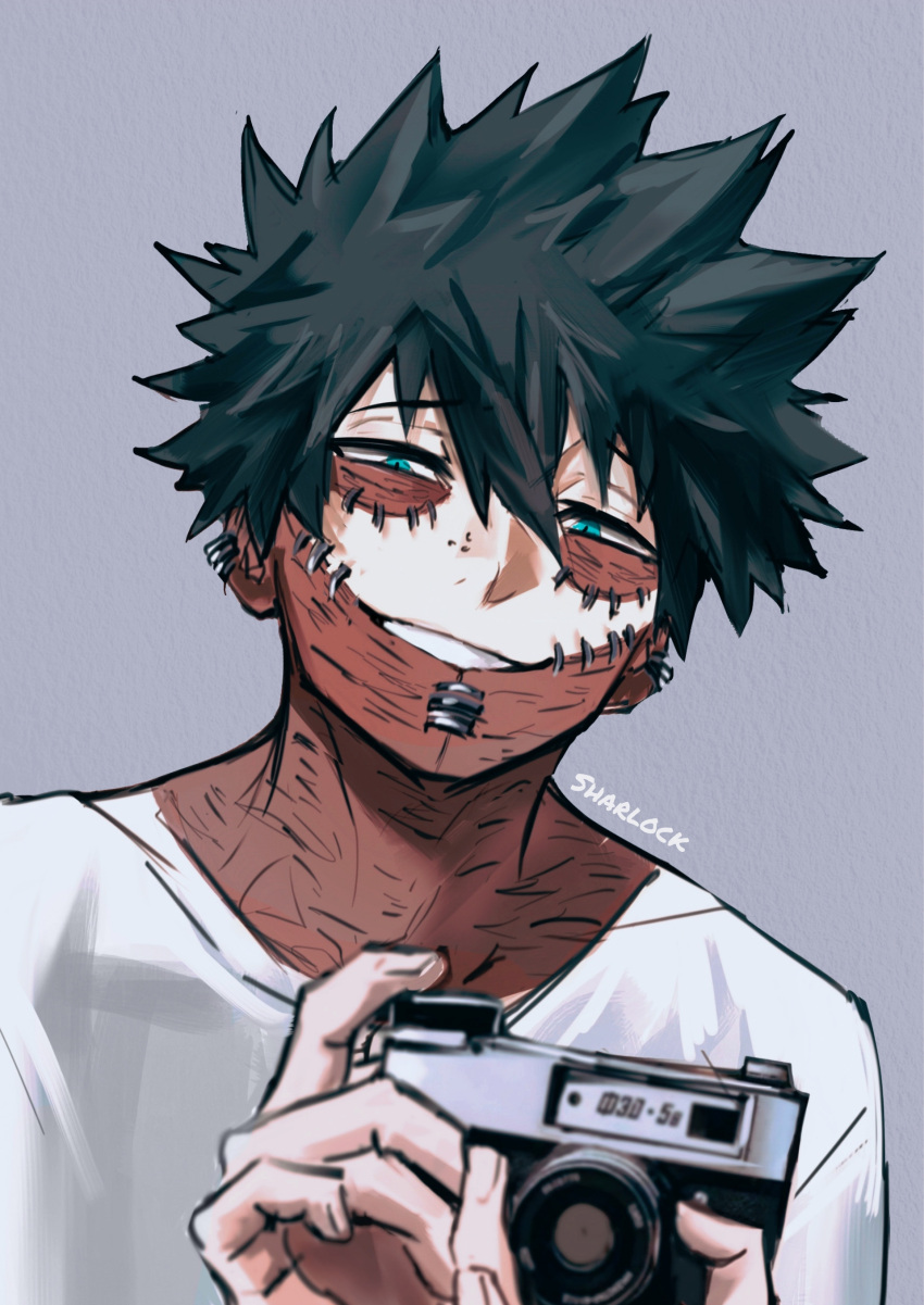 1boy, absurdres, artist_name, black_hair, blue_eyes, boku_no_hero_academia, burn_scar, camera