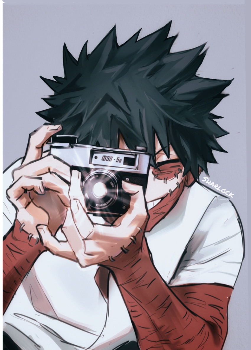 1boy, absurdres, artist_name, black_hair, boku_no_hero_academia, burn_scar, camera, cheek_piercing