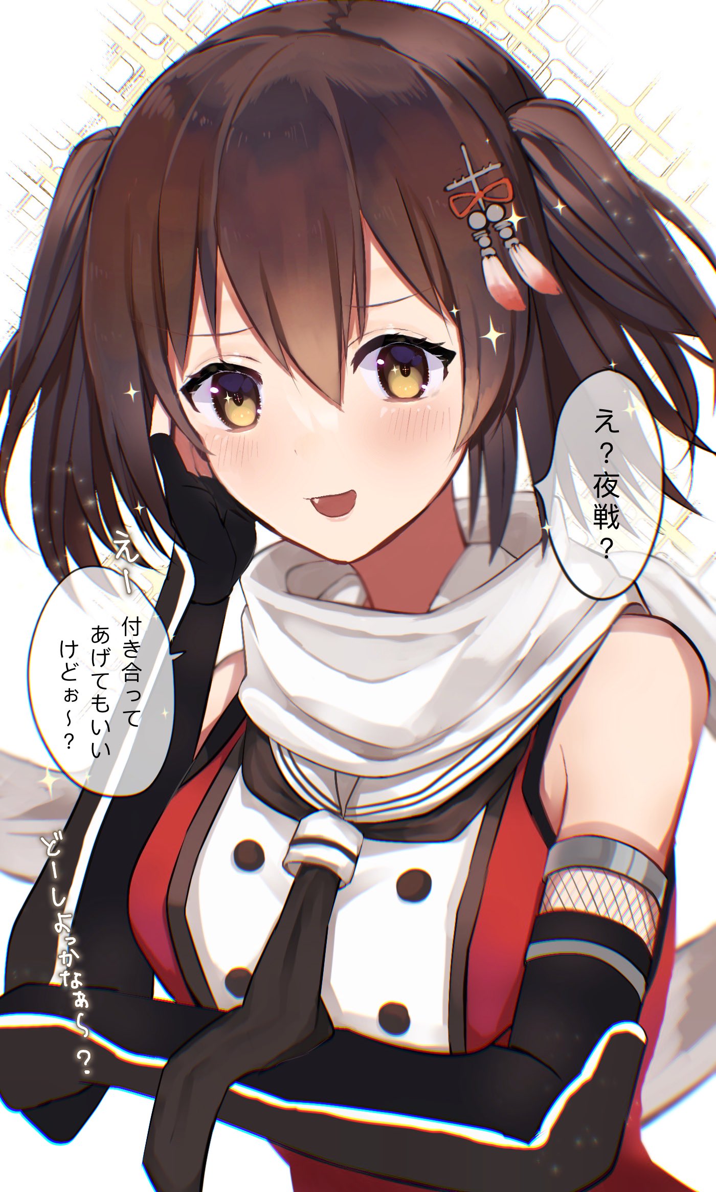 1girl, black_gloves, black_neckerchief, brown_eyes, brown_hair, buttons, commentary_request, double-breasted