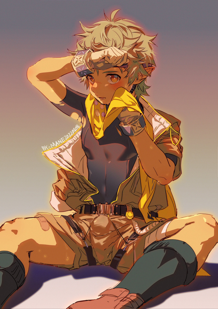 1boy, absurdres, bandaid, bandaid_on_leg, belt, bishounen, black_bodysuit, blonde_hair