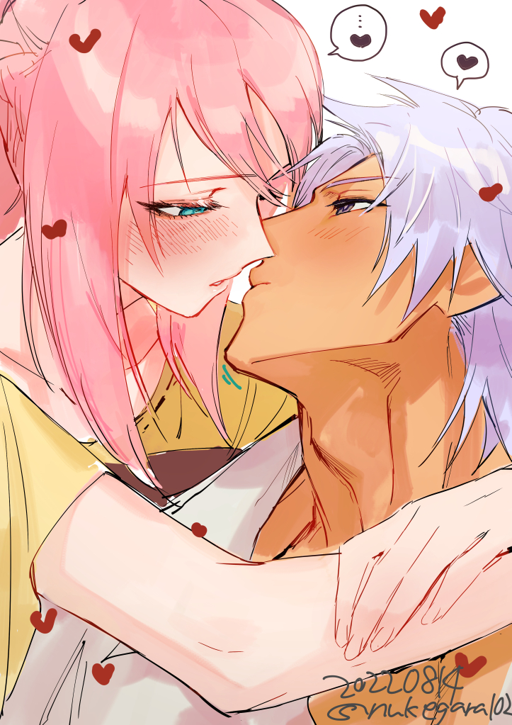 1boy, 1girl, alphen_(tales), bangs, blue_eyes, blush, braid, breasts, couple, dark-skinned_male, dark_skin, dress, grey_eyes, hair_between_eyes, hetero, imminent_kiss, long_hair, nukegara102, pink_hair, ponytail, shionne_(tales), sidelocks, tales_of_(series), tales_of_arise, very_long_hair