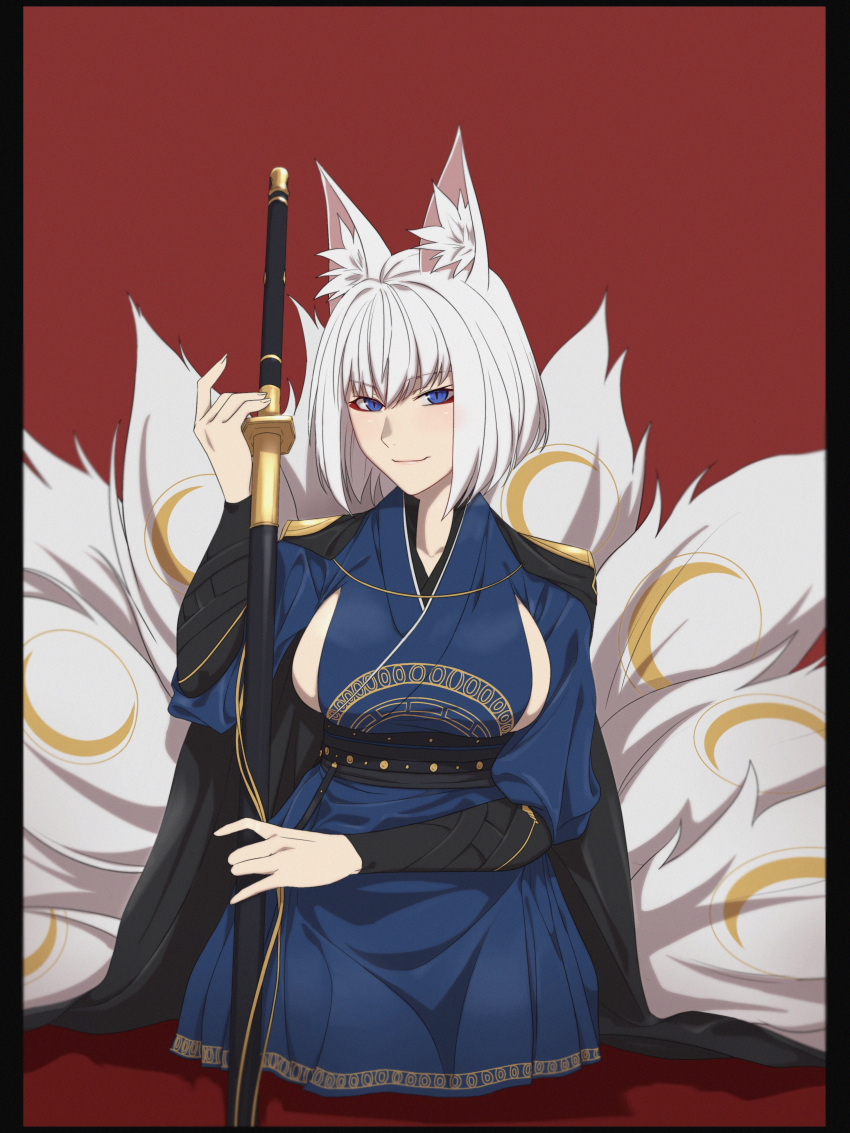 1girl, absurdres, akizuki_(17769498), animal_ears, azur_lane, black_cape, blue_eyes, blue_kimono, breasts, cape, crescent, eyeshadow, fox_ears, fox_girl, fox_mask, fox_tail, highres, holding, holding_weapon, japanese_clothes, kaga_(azur_lane), kaga_(dusk-simurgh's_vigil)_(azur_lane), katana, kimono, kneeling, large_breasts, light_smile, makeup, mask, multiple_tails, red_eyeshadow, sideboob, simple_background, sword, tail, weapon, white_hair, white_tail