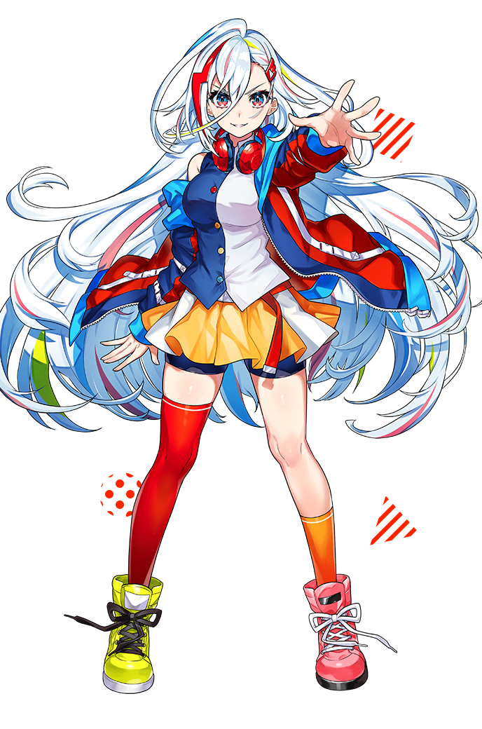 1girl, asymmetrical_legwear, bangs, bare_shoulders, blue_eyes, breasts, denonbu, hair_between_eyes