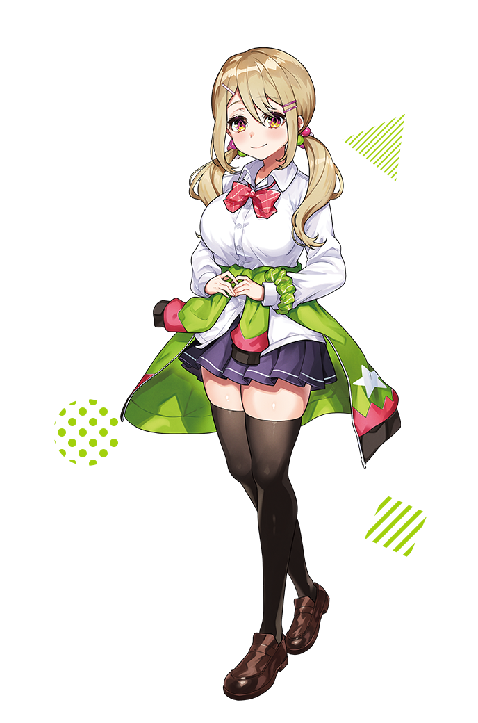 1girl, blonde_hair, bow, bowtie, breasts, collared_shirt, denonbu, hair_ornament, hairclip, jacket, kayano_futaba, large_breasts, long_hair, long_sleeves, looking_at_viewer, mika_pikazo, miniskirt, official_art, shirt, skirt, smile, solo, standing, thigh-highs, twintails, white_shirt