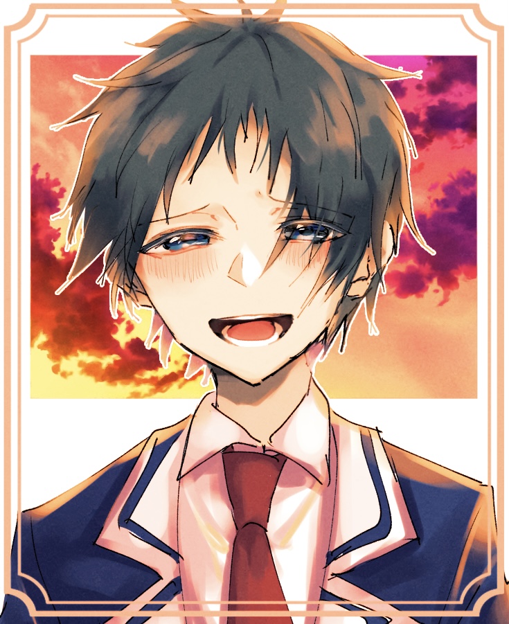 1boy, black_hair, blazer, blue_eyes, blue_jacket, collared_shirt, commentary_request, jacket