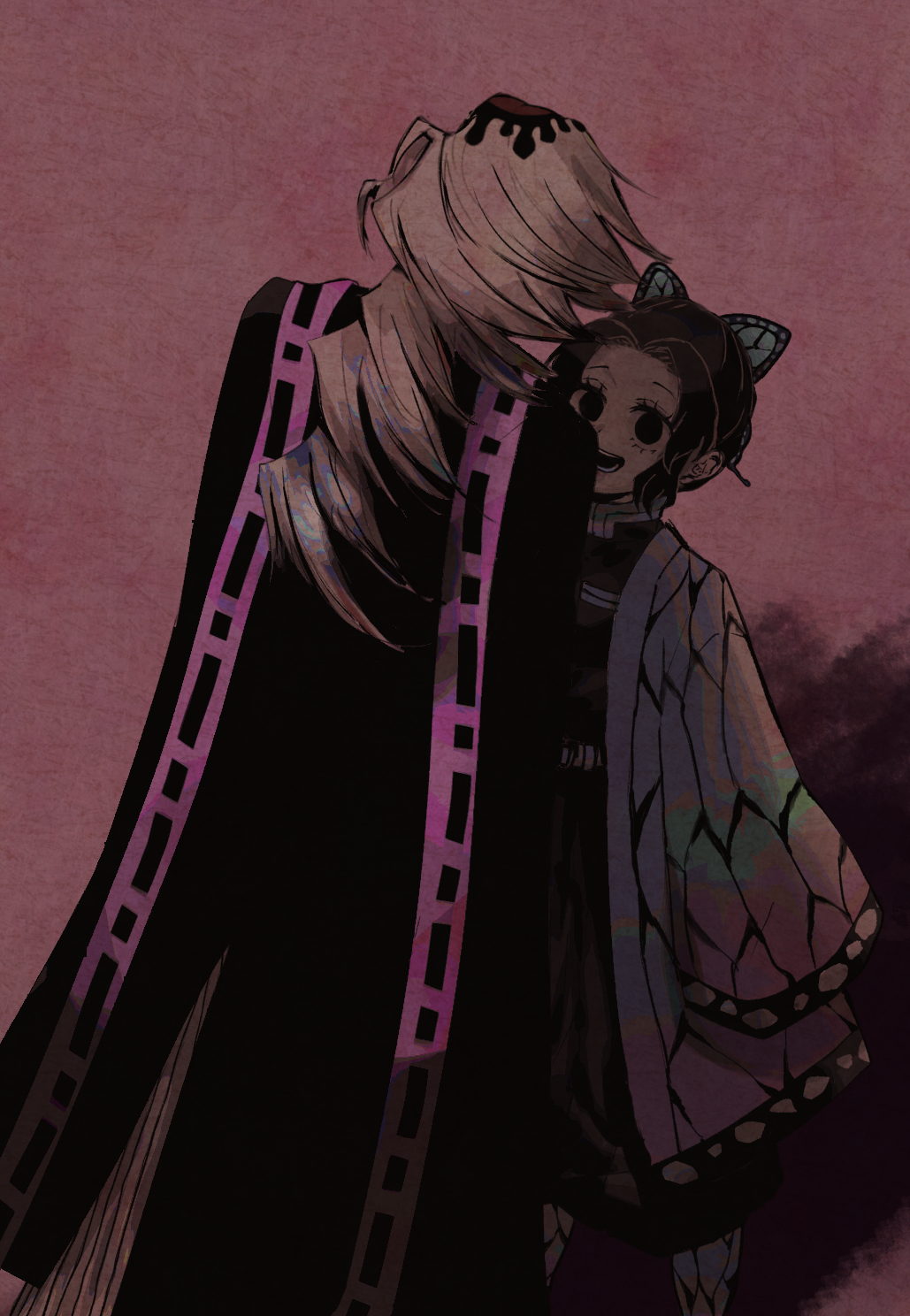 1boy, 1girl, bangs, black_eyes, black_hair, blonde_hair, butterfly_hair_ornament, commentary_request, douma_(kimetsu_no_yaiba), empty_eyes, hair_ornament, height_difference, highres, japanese_clothes, kimetsu_no_yaiba, kochou_shinobu, long_hair, long_sleeves, open_mouth, parted_bangs, roize, sleeves_past_fingers, sleeves_past_wrists, smile