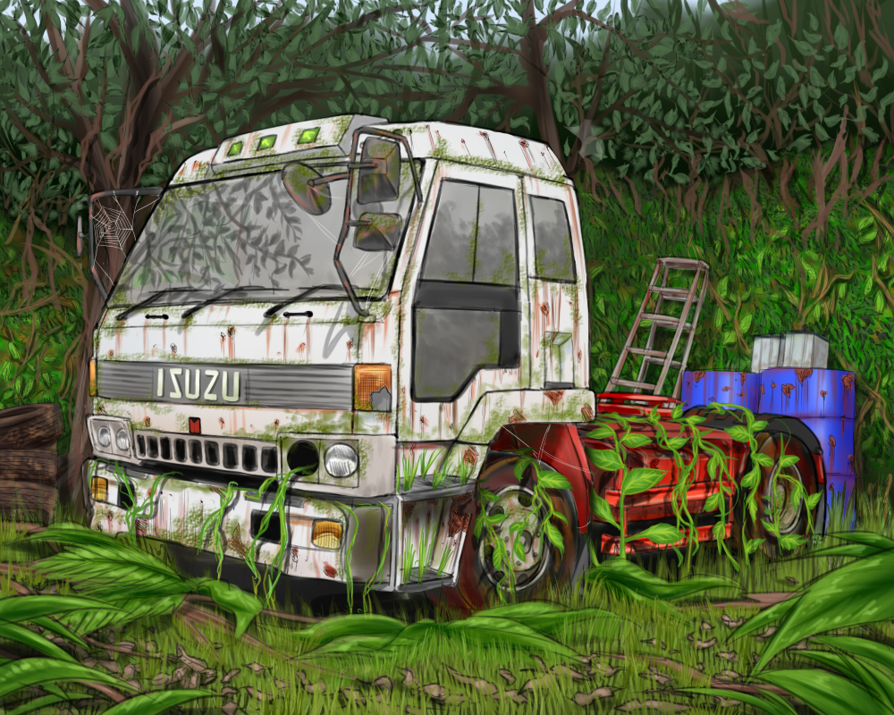 abandoned, commentary_request, drum_(container), grass, ground_vehicle, isuzu_motors, ladder, motor_vehicle