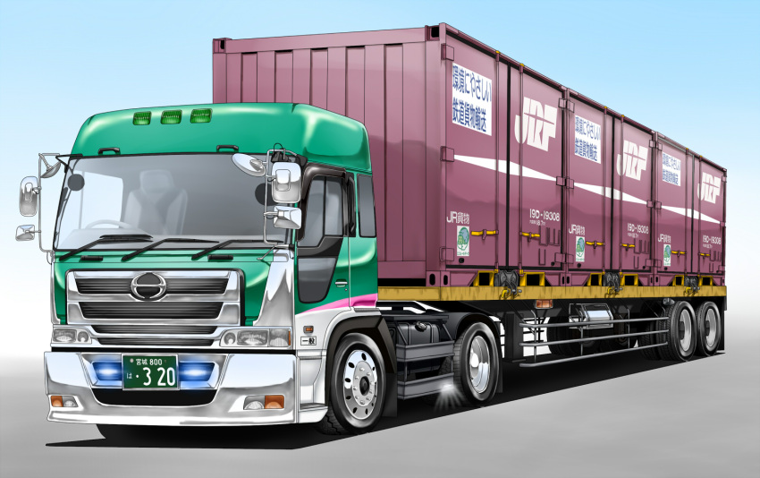 blue_background, commentary_request, flatbed_truck, gradient, gradient_background, grey_background, ground_vehicle, highres