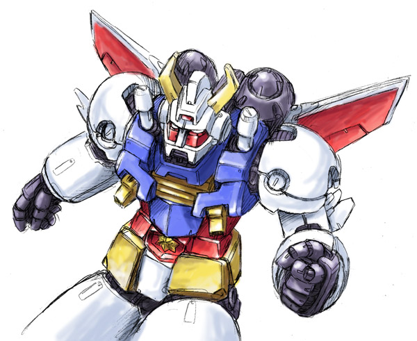 aniki_gunsou, clenched_hand, gangaru, horns, leaning_forward, mecha, mechanical_wings, mobile_force_gangaru