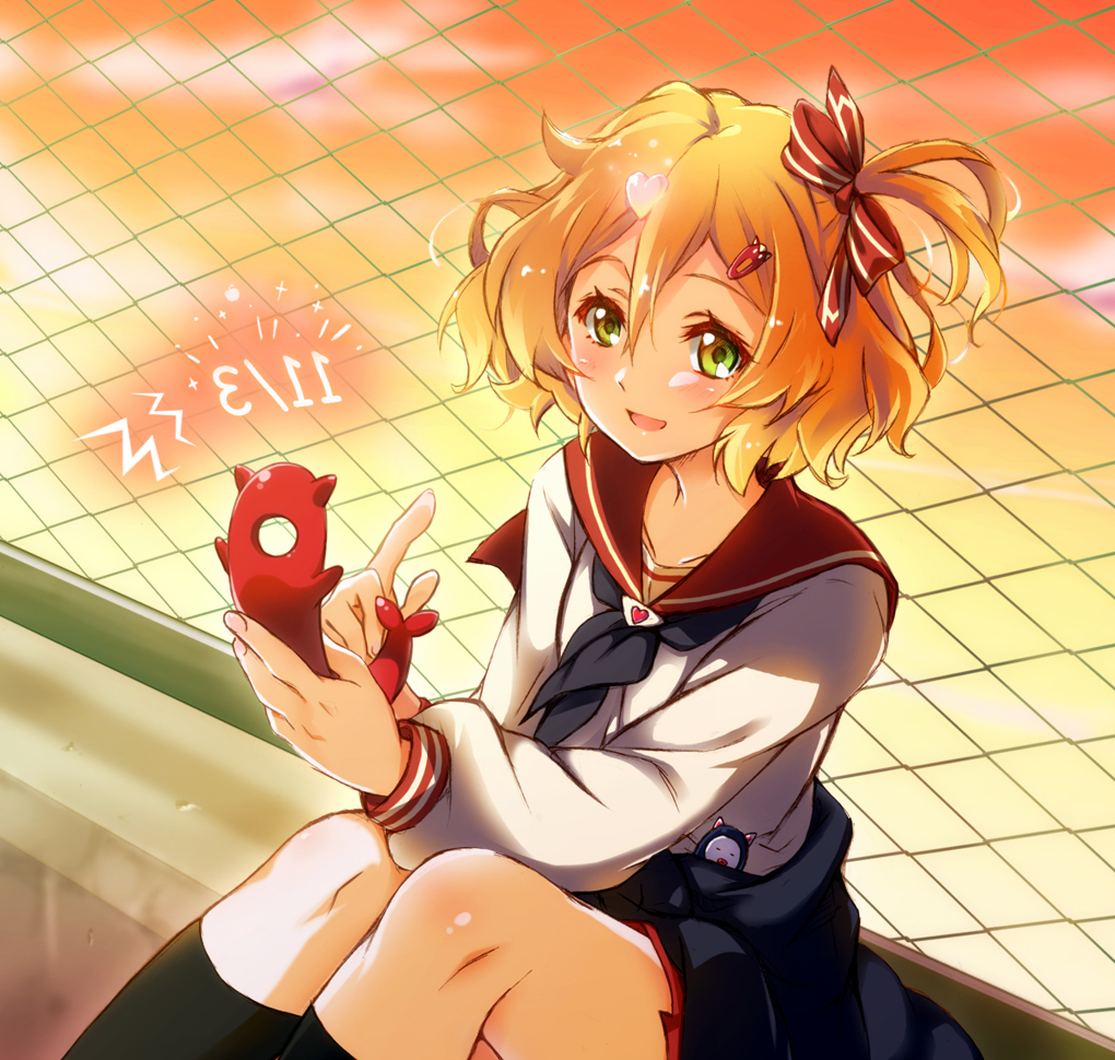 1girl, :d, bangs, black_neckerchief, black_socks, blonde_hair, bow, brown_hair