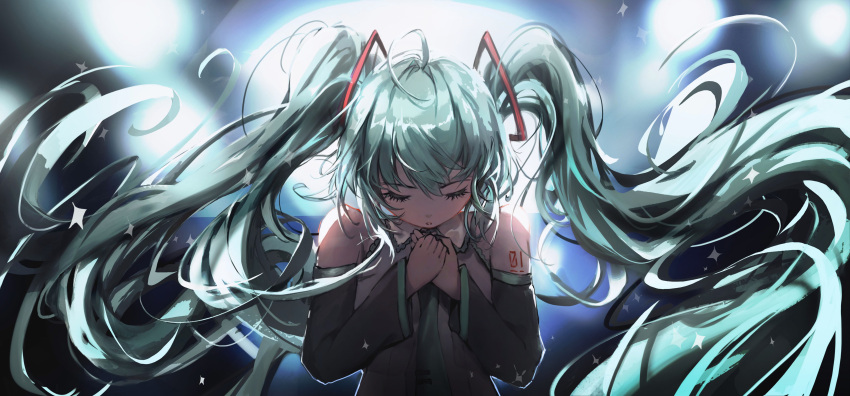 1girl, absurdly_long_hair, absurdres, aqua_hair, black_sleeves, chinese_commentary, closed_eyes, collared_shirt