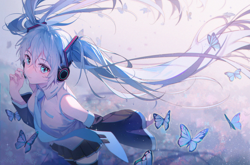 1girl, bangs, black_skirt, black_sleeves, black_thighhighs, blue_eyes, blue_hair, blue_necktie