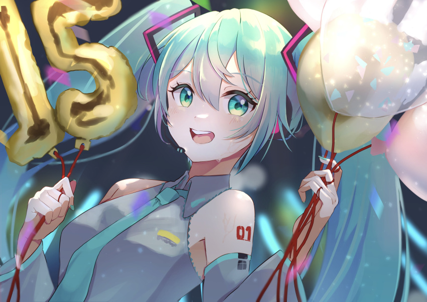 1girl, :d, absurdres, aqua_eyes, aqua_nails, arm_tattoo, bangs, blue_hair, blue_necktie, blurry, blurry_background, collared_shirt, detached_sleeves, grey_shirt, grey_sleeves, hair_between_eyes, hatsune_miku, headset, highres, idol, long_hair, long_sleeves, microphone, nail_polish, necktie, nonco_no, number_tattoo, open_mouth, shiny, shiny_hair, shirt, sleeveless, sleeveless_shirt, smile, solo, sweatdrop, tattoo, twintails, upper_body, vocaloid, wing_collar
