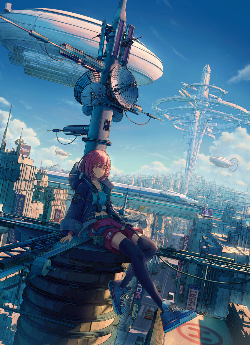 1girl, absurdres, backlighting, bangs, black_thighhighs, blue_footwear, blue_jacket, blue_sky
