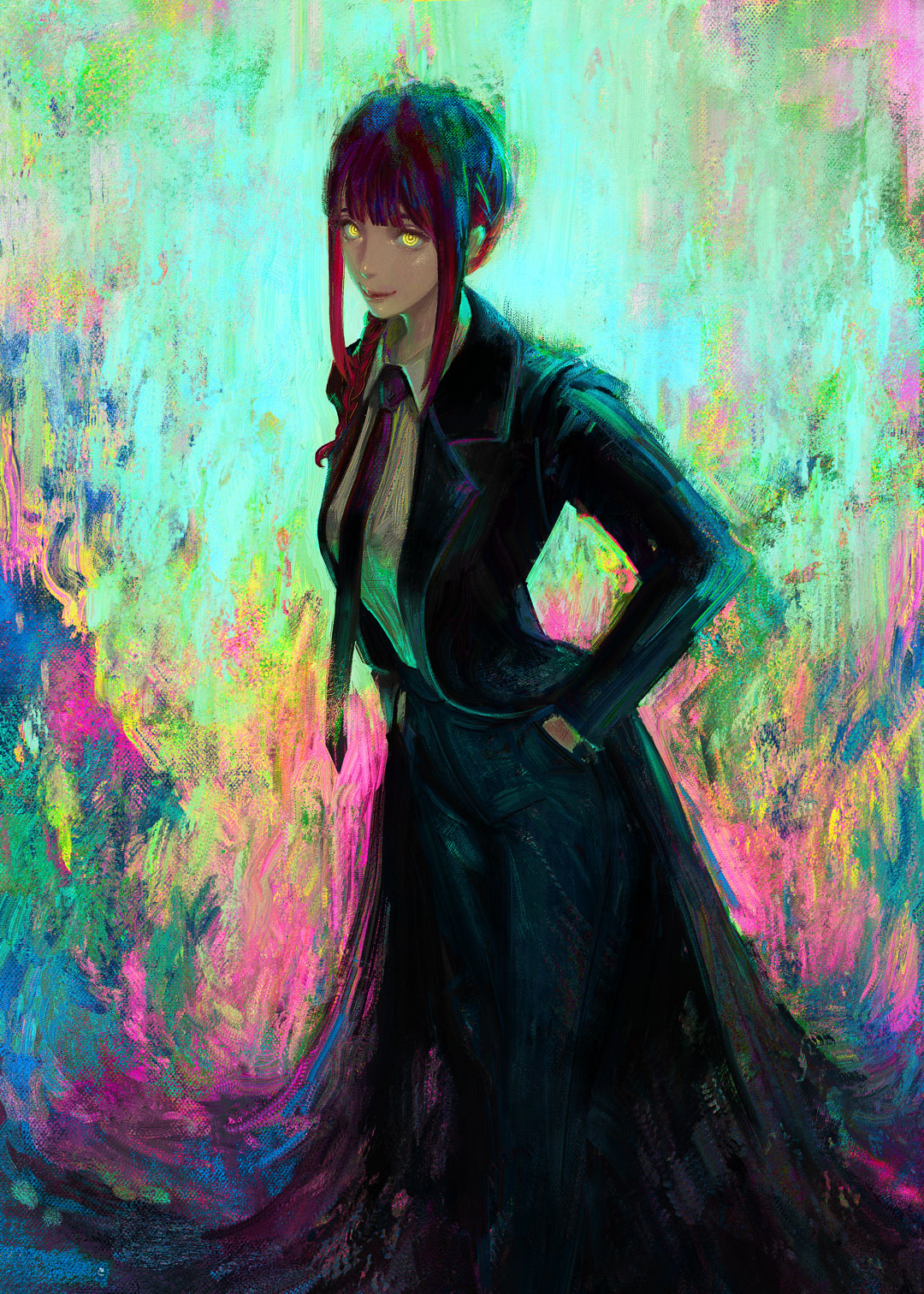 1girl, bangs, bent_over, black_necktie, black_pants, blunt_bangs, braid, braided_ponytail, business_suit, chainsaw_man, collared_shirt, flowersbloodart, formal, hand_in_pocket, high-waist_pants, highres, light_smile, long_coat, looking_at_viewer, makima_(chainsaw_man), medium_hair, multicolored_background, necktie, office_lady, pants, redhead, ringed_eyes, shirt, shirt_tucked_in, sidelocks, solo, standing, suit, yellow_eyes