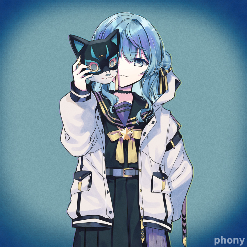 1girl, :3, awai_hinata, black_choker, black_serafuku, black_skirt, blue_eyes, blue_hair