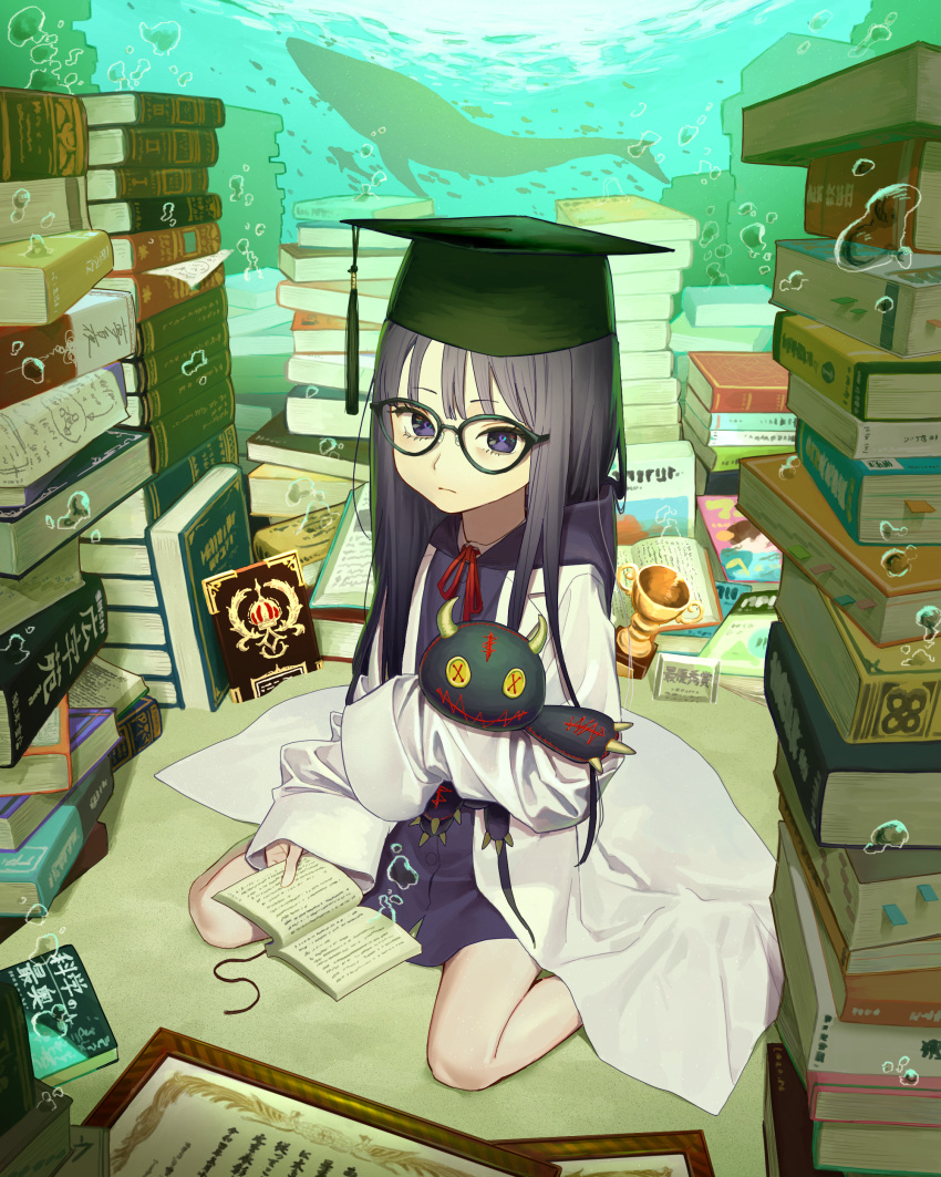 1girl, absurdres, air_bubble, bangs, book, book_stack, bubble, child