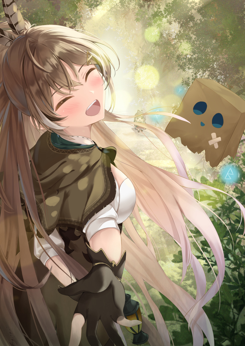 1girl, :d, absurdres, ahoge, bangs, brown_capelet, brown_cloak, brown_corset