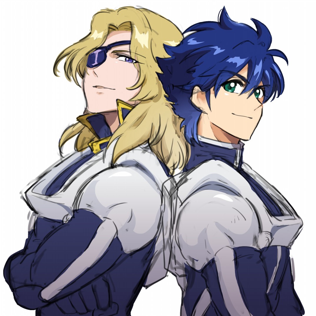 2boys, bangs, blonde_hair, blue_gloves, crossbone_gundam, crossed_arms, eyepatch, from_side