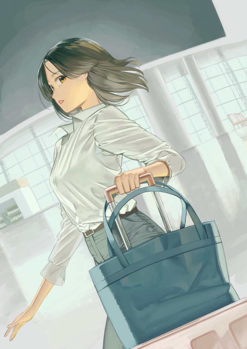 1girl, absurdres, bag, bangs, belt, brown_belt, brown_eyes, brown_hair