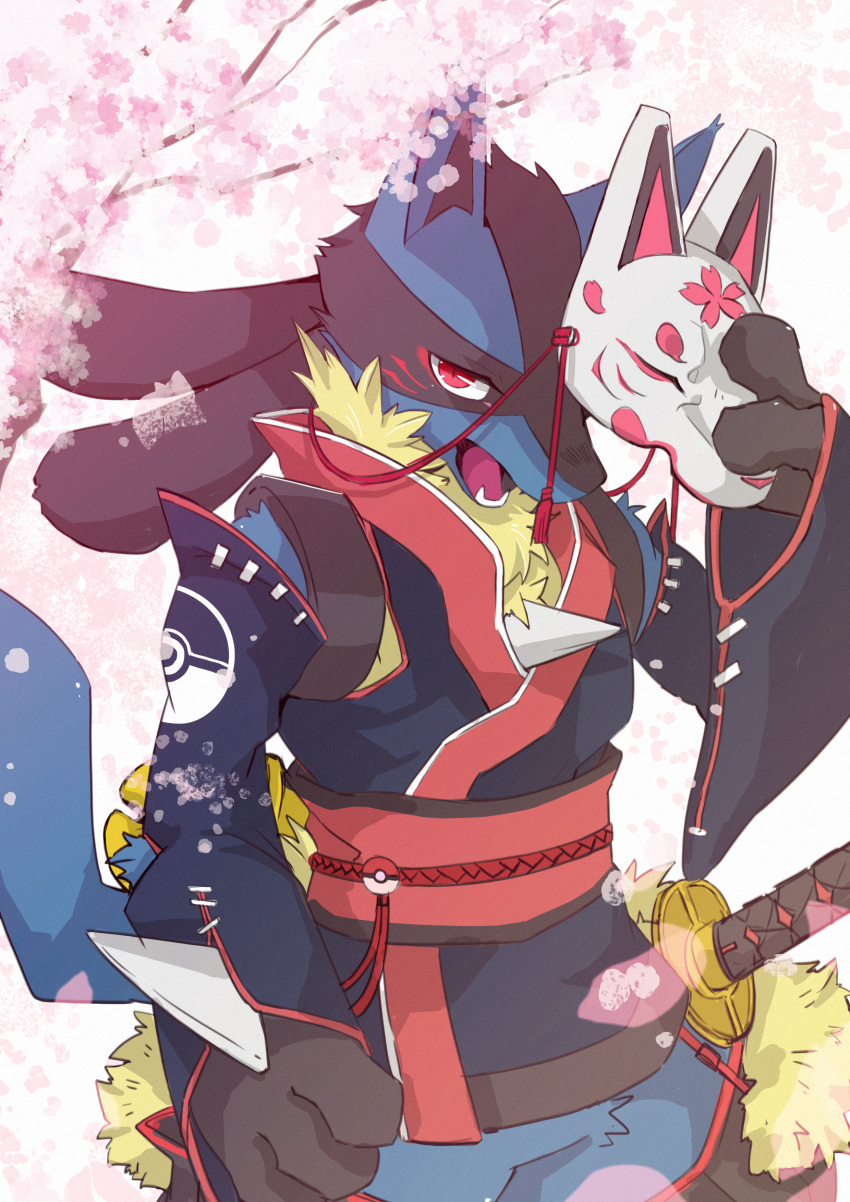 absurdres, ao4410, cherry_blossoms, fangs, game_freak, gen_4_pokemon, japanese_clothes, katana, kimono, kitsune_mask, looking_at_viewer, lucario, mask, nintendo, open_mouth, pokemon, pokemon_(creature), red_eyes, samurai, two-tone_fur, two-tone_kimono