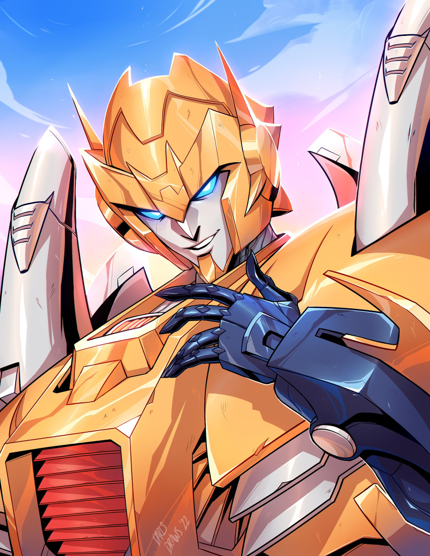 absurdres, blue_eyes, clouds, commission, english_commentary, highres, lina_rojas, looking_at_viewer, mecha, metalhawk, open_hand, portrait, robot, science_fiction, sky, solo, the_transformers_(idw), transformers