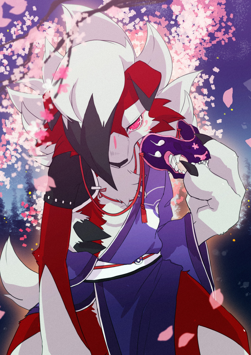 absurdres, ao4410, cherry_blossoms, claws, dark_background, demon_mask, furry, game_freak, gen_7_pokemon, japanese_clothes, kimono, looking_at_viewer, lycanroc, lycanroc_(midnight), mask, night, night_sky, nintendo, pokemon, pokemon_(creature), purple_kimono, red_eyes, samurai, two-tone_fur, wolf