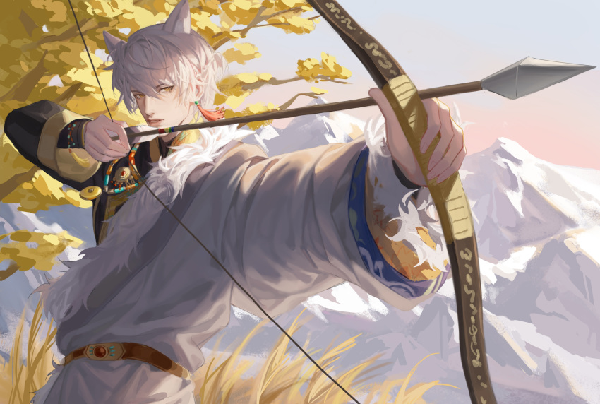 1boy, absurdres, ahuaigegetahenshuai, arrow_(projectile), bangs, bow_(weapon), chinese_clothes, highres, holding, holding_arrow, holding_bow_(weapon), holding_weapon, light_and_night_love, long_sleeves, looking_at_viewer, male_focus, miao_clothes, qi_sili, short_hair, solo, tassel, weapon, white_hair