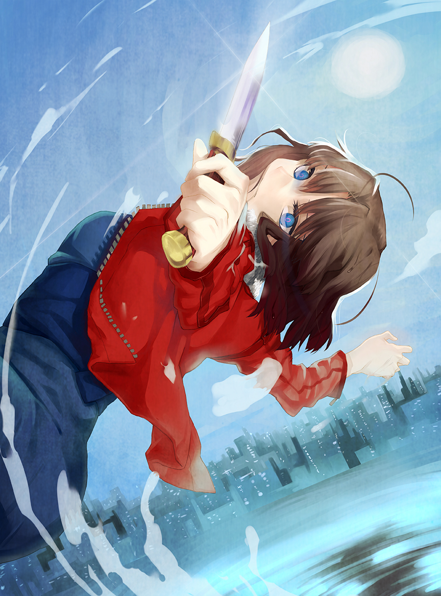 1girl, ahoge, black_eyes, blue_eyes, blue_kimono, blue_sky, brown_hair, dutch_angle