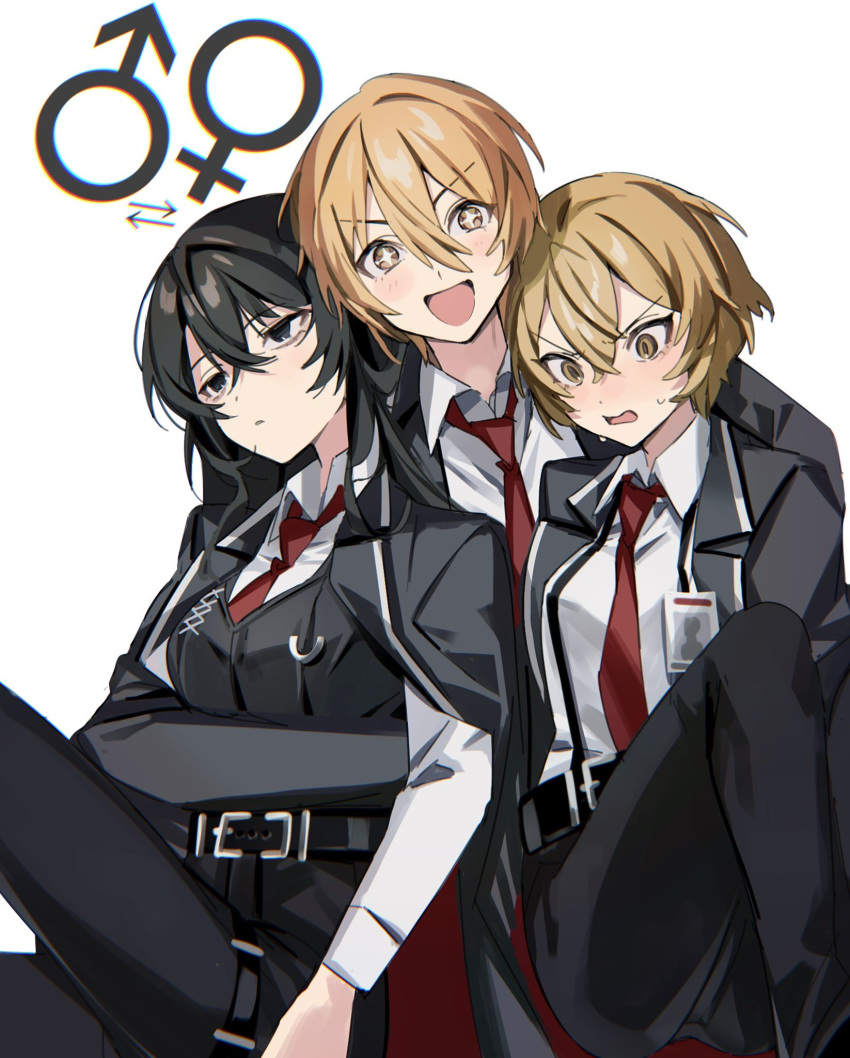 1boy, 2girls, :d, belt, black_belt, black_cape, black_eyes, black_hair