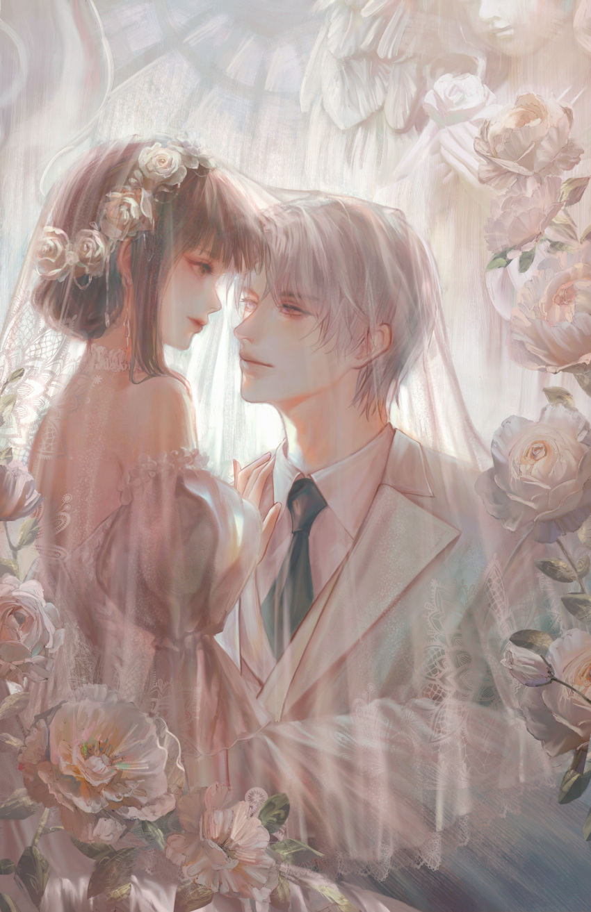 1boy, 1girl, absurdres, black_necktie, bridal_veil, charlie_su, couple, dress