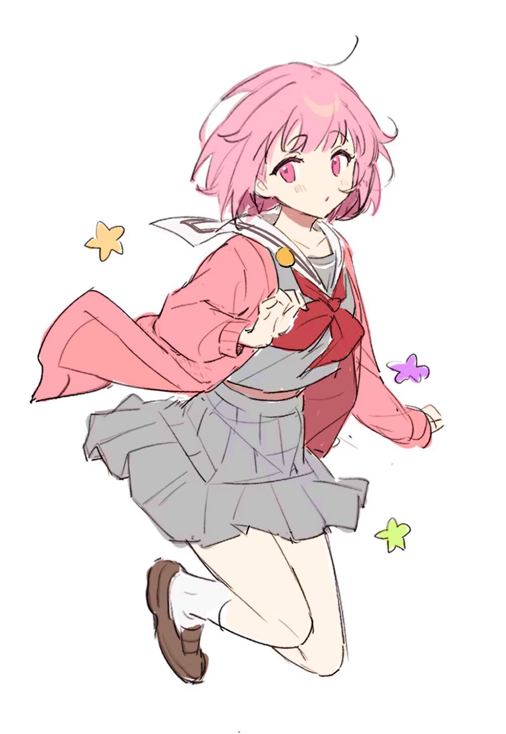 1girl, ame_ame, badge, blush, brown_footwear, cardigan, commentary, grey_serafuku