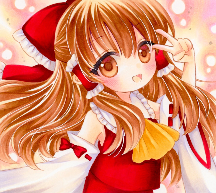 1girl, :d, ascot, bow, brown_eyes, brown_hair, detached_sleeves, frilled_bow, frilled_shirt_collar, frills, hair_between_eyes, hair_bow, hakurei_reimu, head_tilt, highres, long_hair, looking_at_viewer, marker_(medium), open_mouth, red_bow, red_ribbon, red_shirt, ribbon, ribbon-trimmed_sleeves, ribbon_trim, shirt, simple_background, sleeveless, sleeveless_shirt, smile, solo, touhou, traditional_media, upper_body, v, wide_sleeves, yellow_ascot, yuuki_hana_(jtnp5334)