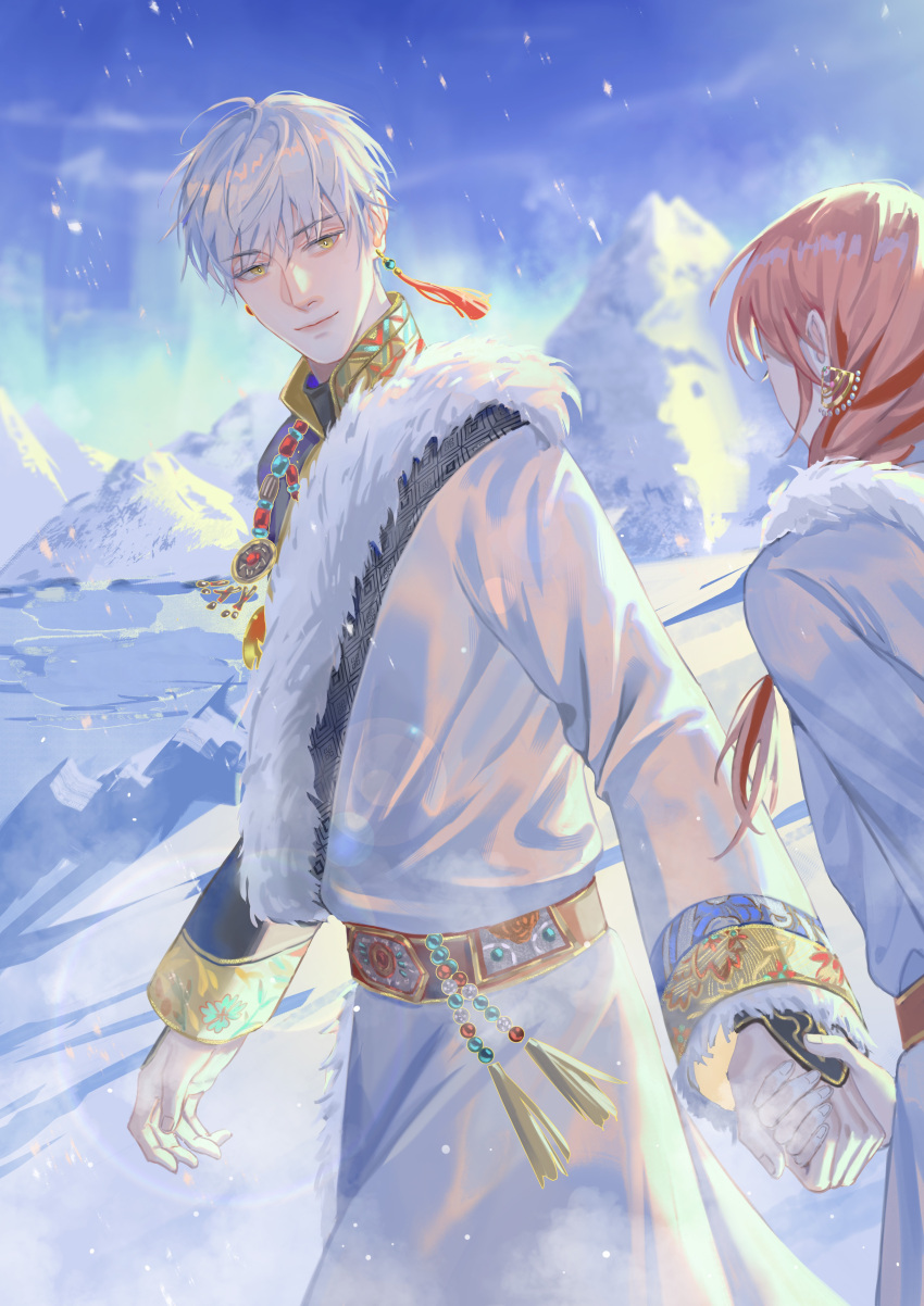 1boy, 1girl, absurdres, aurora, bangs, btbttbt, chinese_clothes, highres