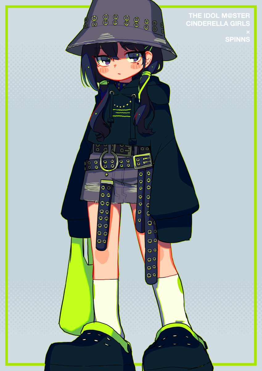 1girl, absurdres, bag, belt, black_belt, black_footwear, black_shirt, blush