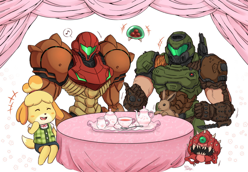 1boy, 2girls, animal_crossing, cacodemon, cup, doom_(series), doom_eternal, doomguy