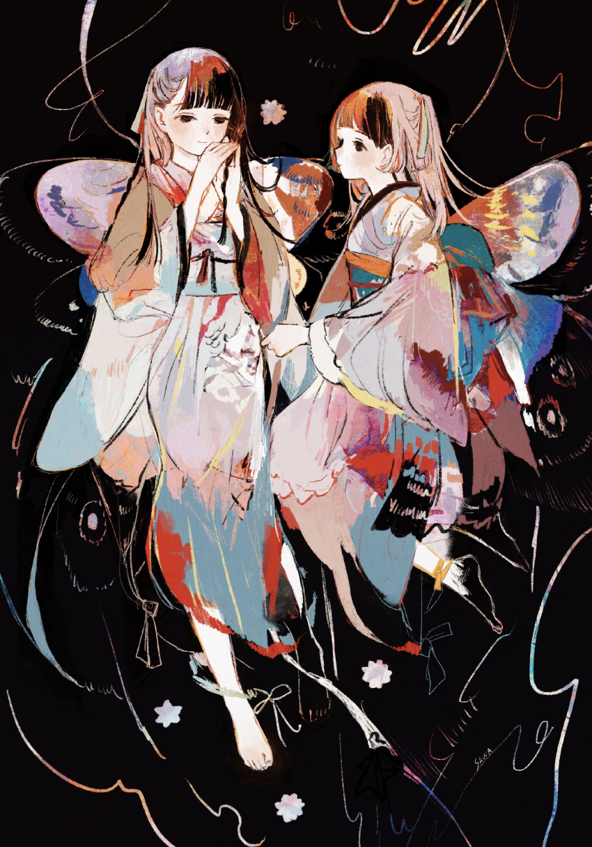 2girls, absurdres, barefoot, black_background, black_eyes, black_hair, blush, braid