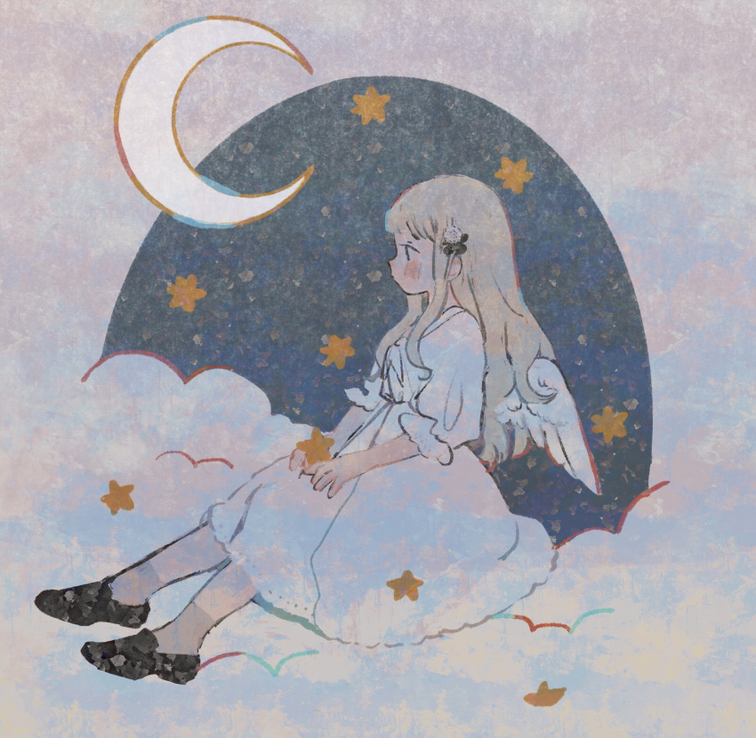 1girl, absurdres, angel_wings, bangs, black_footwear, blush, brown_hair, crescent_moon, dress, feathered_wings, highres, long_hair, moon, original, profile, shoes, short_sleeves, sion_0d1m, solo, white_dress, white_wings, wings