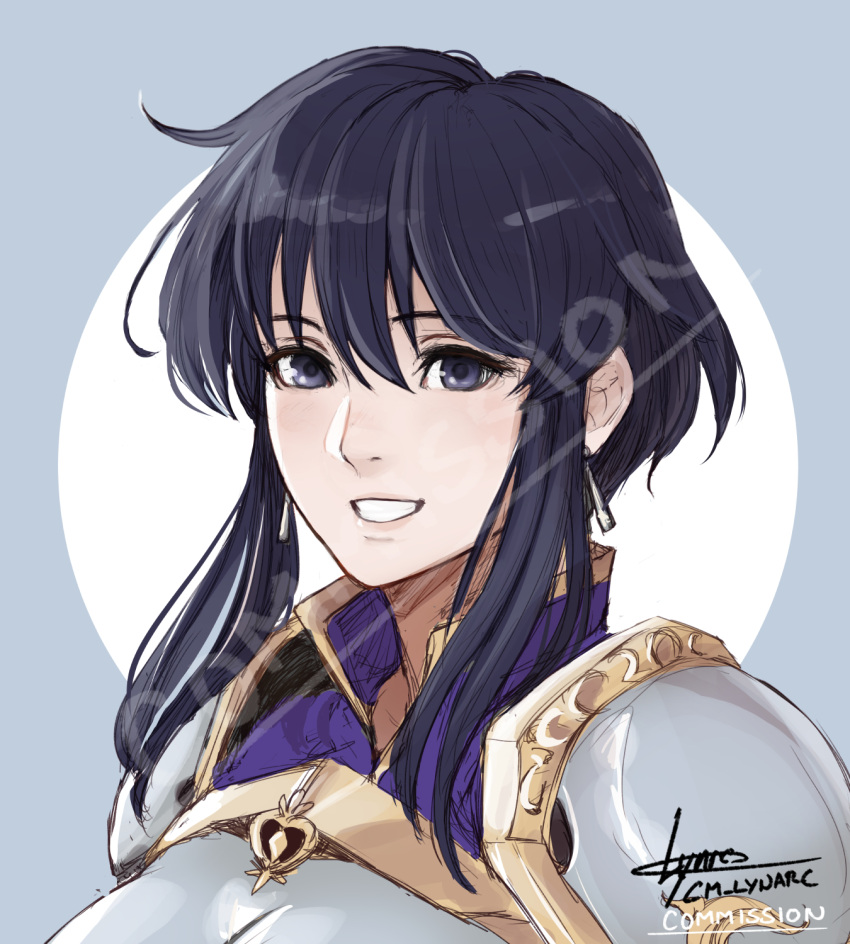 1girl, armor, bangs, black_hair, cm_lynarc, commission, earrings, fire_emblem, fire_emblem_heroes, grin, happy, highres, jewelry, larcei_(fire_emblem), looking_at_viewer, popped_collar, short_hair, simple_background, smile, tomboy, violet_eyes