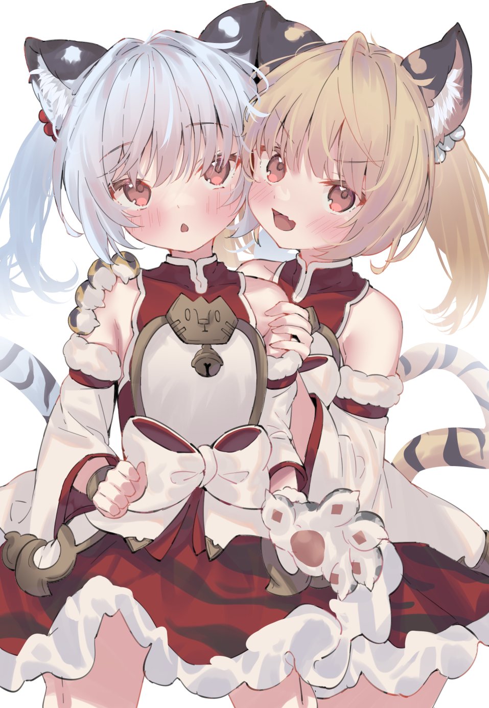 2girls, ahoge, animal_ears, animal_hands, bai_(granblue_fantasy), bare_legs, bare_shoulders, bell