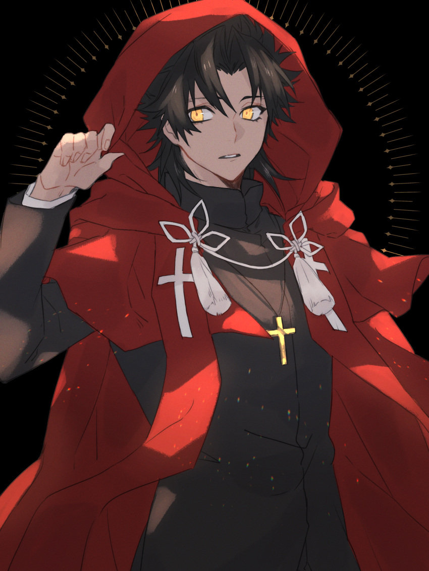 1boy, absurdres, alternate_skin_color, amakusa_shirou_(fate), bangs, black_hair, brown_eyes, cape, cross, cross_necklace, cross_print, earrings, fate/apocrypha, fate/grand_order, fate_(series), highres, hood, hooded_cape, jewelry, light_particles, long_sleeves, male_focus, necklace, official_alternate_hair_color, parted_bangs, priest, red_cape, red_hood, short_hair, solo, spiky_hair, stole, tassel, tofu_(bean359), upper_body, yellow_eyes
