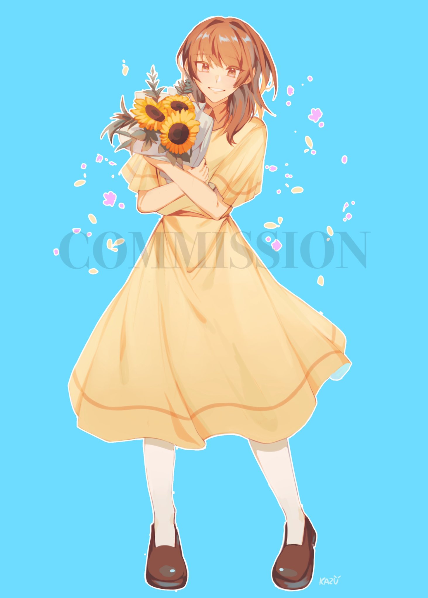 1girl, blush, bouquet, brown_eyes, brown_footwear, brown_hair, commission, dress, flower, full_body, highres, holding, holding_bouquet, kazuukarazu, looking_at_viewer, medium_hair, omori, pantyhose, parted_lips, polly_(omori), short_sleeves, smile, solo, sundress, sunflower, watermark, white_pantyhose