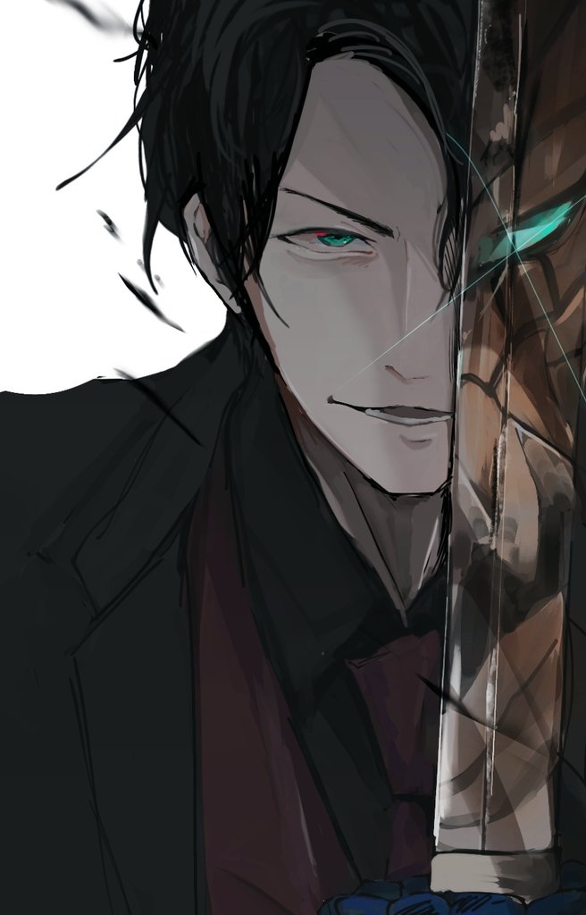 1boy, armor, black_hair, black_suit, formal, glint, holding, holding_sword