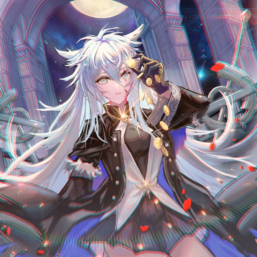 1girl, animal_ears, arknights, arm_up, bangs, black_gloves, black_jacket, black_skirt