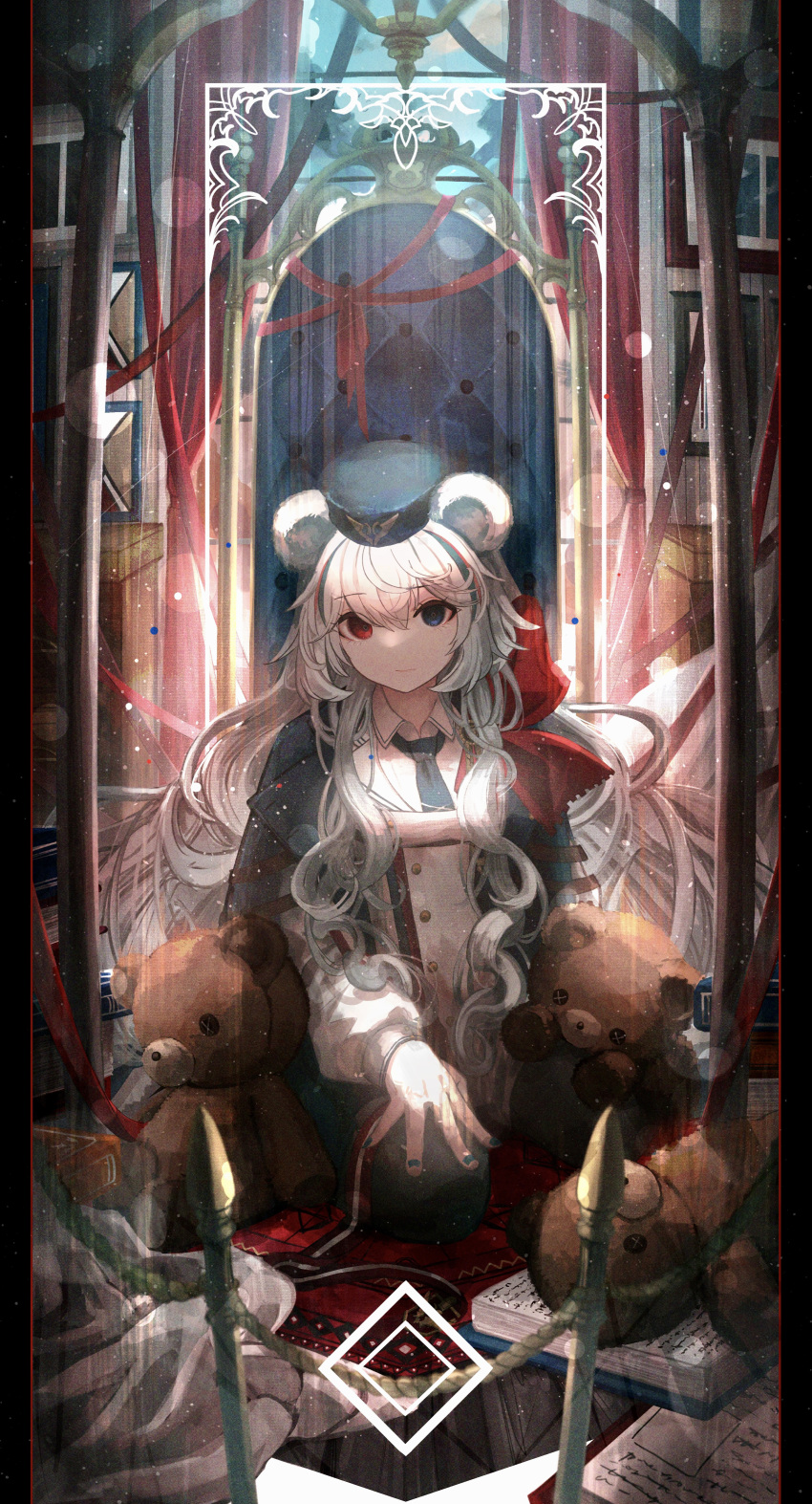 1girl, a0_plnt, absurdres, animal_ears, arknights, bangs, bear_ears, bear_girl, blue_eyes, blue_hair, blue_headwear, blue_nails, book, border, commentary, empty_eyes, heterochromia, highres, indoors, long_hair, multicolored_hair, nail_polish, red_eyes, redhead, rosa_(arknights), sidelocks, solo, streaked_hair, stuffed_animal, stuffed_toy, teddy_bear, wavy_hair, white_hair