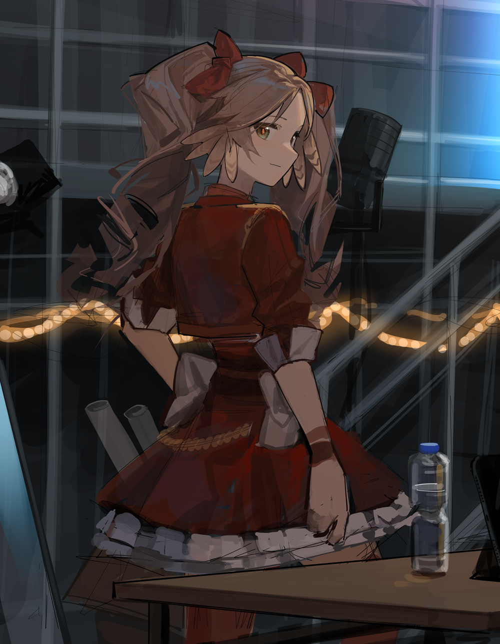 1girl, arknights, bottle, bow, brown_hair, cowboy_shot, feather_hair, frilled_skirt
