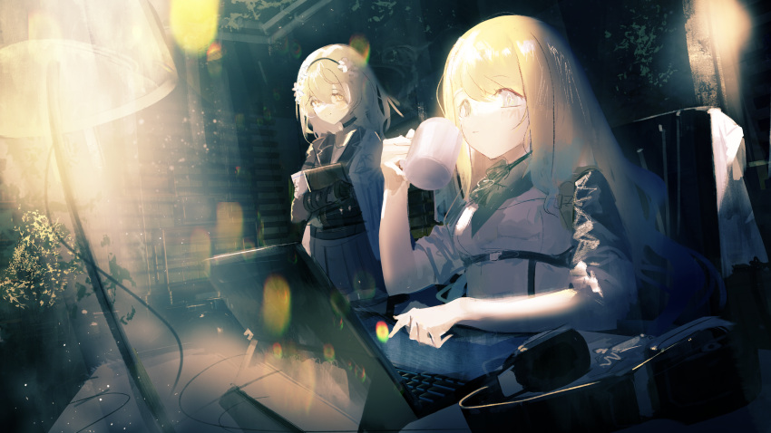 2girls, absurdres, bandana, black_thighhighs, blonde_hair, blue_eyes, boots, commentary