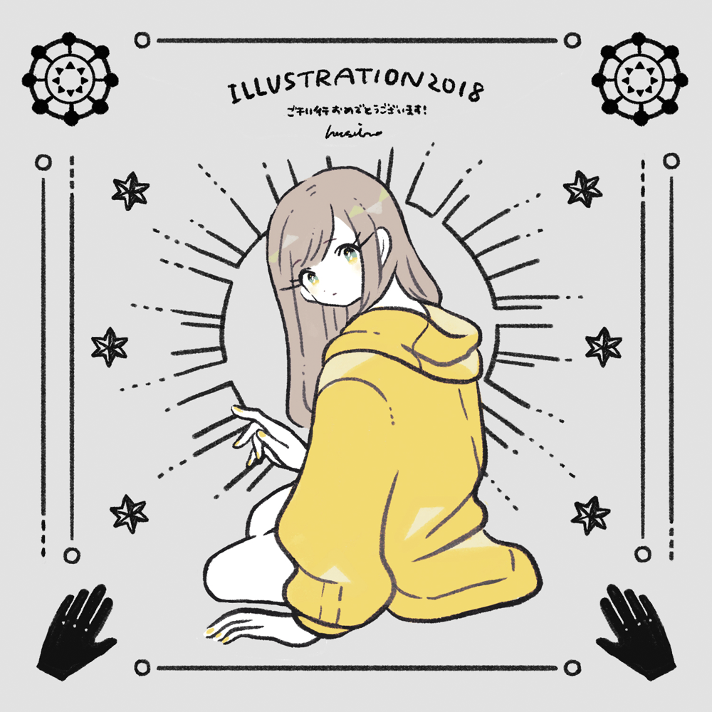 1girl, 2018, bangs, brown_hair, from_behind, hood, hood_down, hooded_jacket