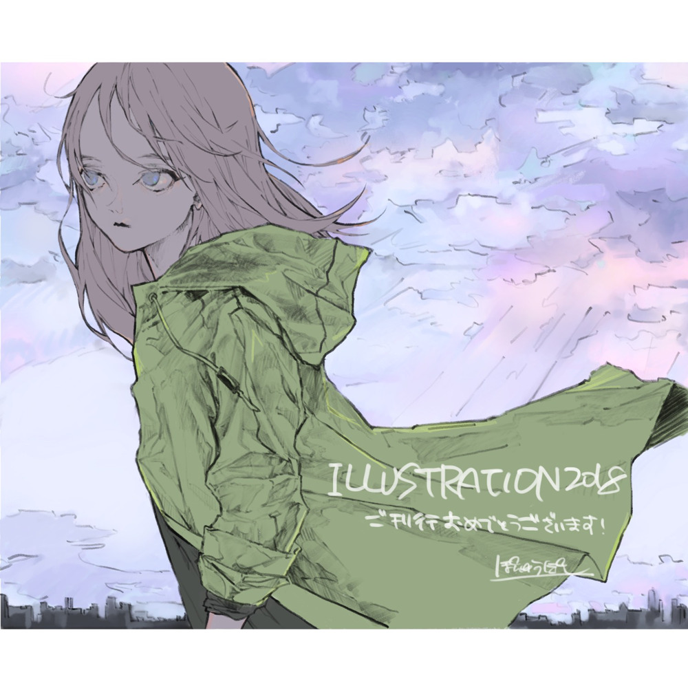 1girl, 2018, banyuuishi, blue_eyes, building, clouds, drawstring, grey_hair